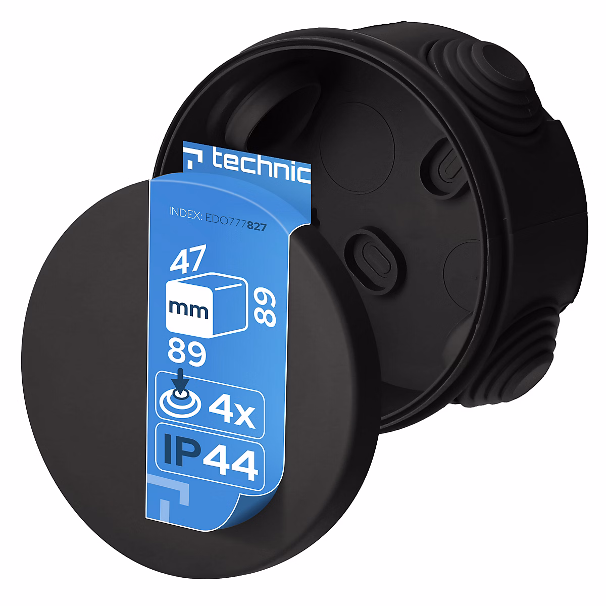 Boîte étanche en saillie avec presse – étoupes, résistante aux UV, fermeture à clipser, 89 × 47 mm, IP55, noir, 1 pièce