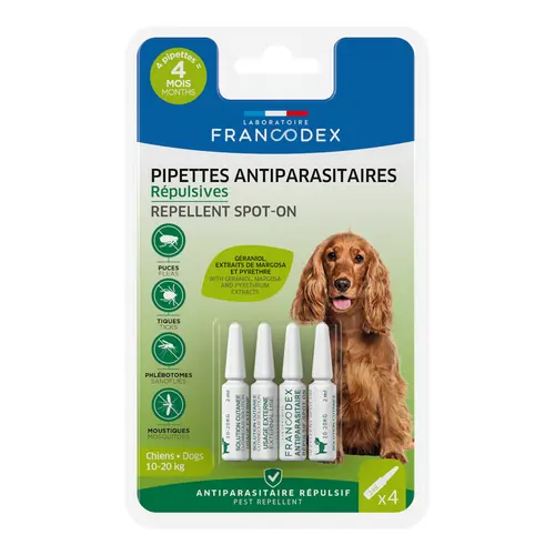Extérieur loisirs：Pipettes antiparasitaires répulsives pour chien 10 à 20 kg Francodex - 4 x 2 ml