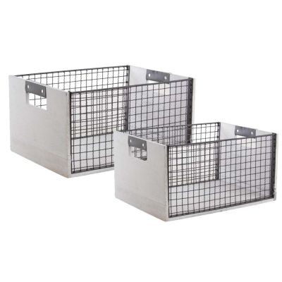 Corbeilles de rangement en bois vieilli et métal (Lot de 2)