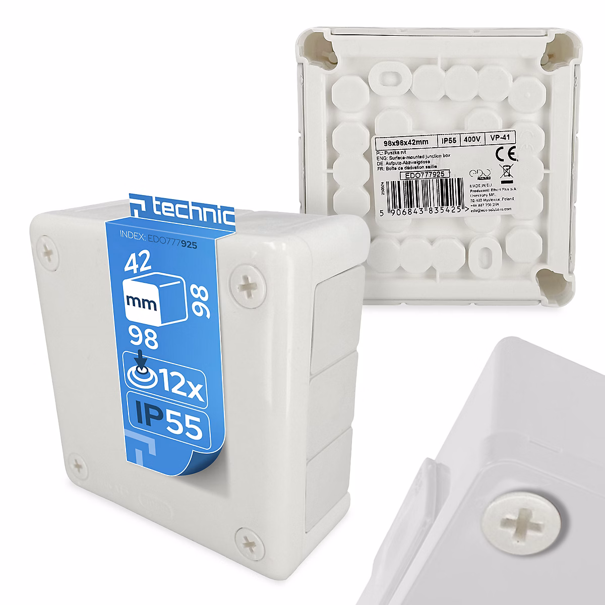 Boîte dérivation étanche en saillie IP55 98 × 98 × 42mm 12 entrées vis blanc EDO