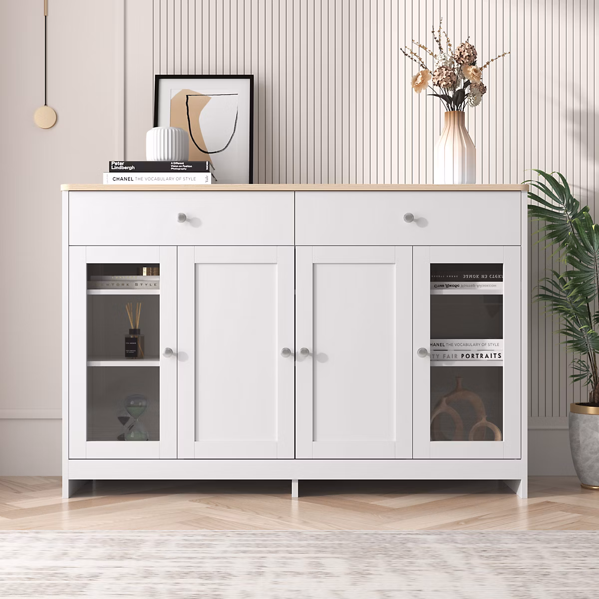 Buffet en bois blanc veine 120 × 37 × 80 cm – 4 portes avec verre et 2 tiroirs, ideal cuisine, salon ou salle a manger