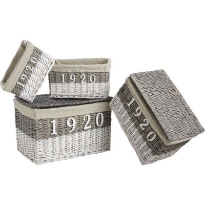 Malles et corbeilles en osier teinté et tissu 1920 (Lot de 4)