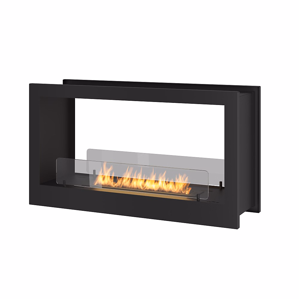 Chauffage d'appoint – Cheminée Bioéthanol Murale Design Encastrable Double Face Noir Mat Avec Verre De Protection 2 Face 900