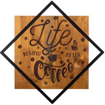 Décoration murale en bois et métal Citation (Life Begins After Coffee)