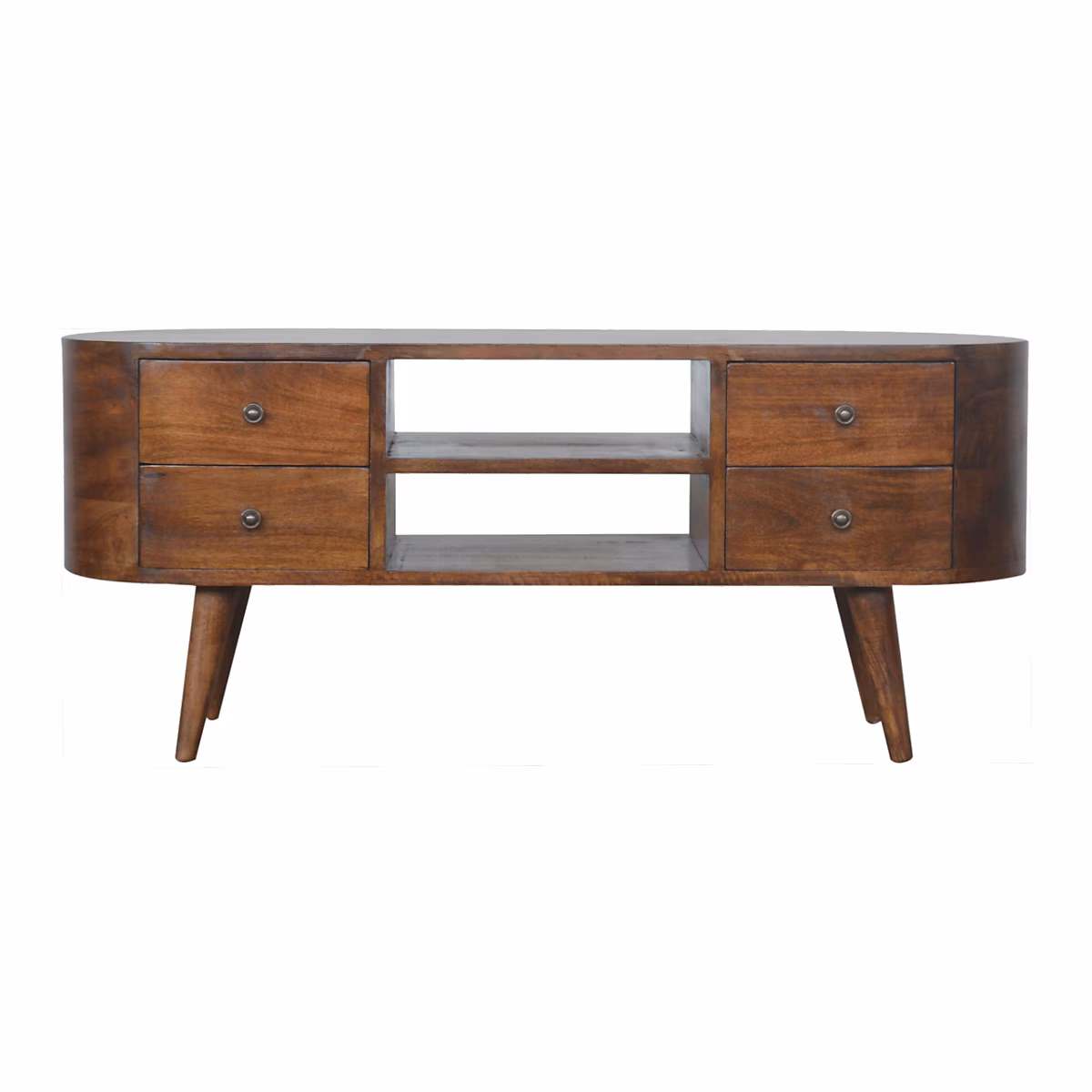 Artisan Furniture Bois massif châtaignier arrondi meuble TV – 4 tiroirs, 2 ouvert Slots, marron foncé