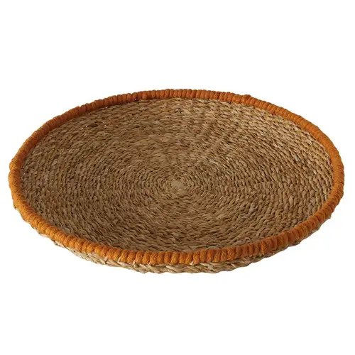 À découvrir au jardin：Plateau en jute naturelle à bord coloré Colada petit modèle - Ø 46 x H 45 cm