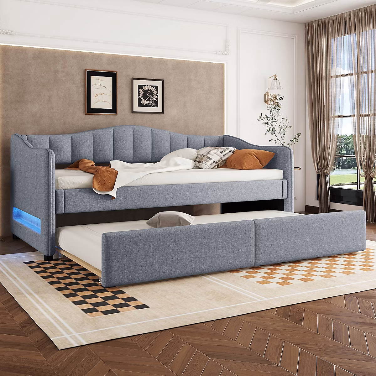 Banquette – 90 × 200cm | gigogne | lumiere ambiante | tissu | gris | sans matelas