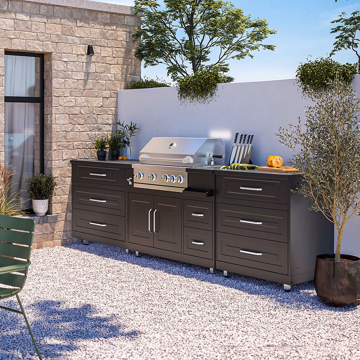Cuisine d'extérieur 3 éléments avec barbecue noir Oviala | Cuisine d'extérieur