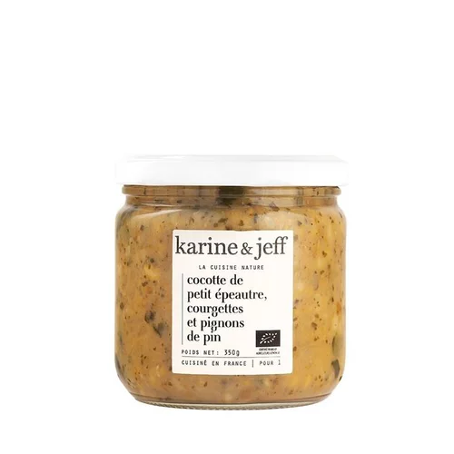 Pour la maison et l’extérieur：Cocotte de petit épeautre, courgettes et pignons de pin bio Le bonheur est dans le pot Karine & Jeff - 350 g