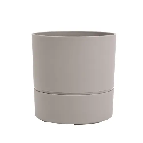 Inspiration jardin：Pot rond en plastique à réserve d'eau coloris grège Poetic Aquaduo - Ø 24,3 x H 24,3 cm