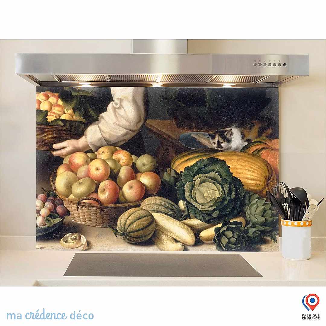 Crédence cuisine fond de hotte Louise Moïllon – La Marchande de fruits et légumes, Verre trempé, L 90 cm x H 70 cm