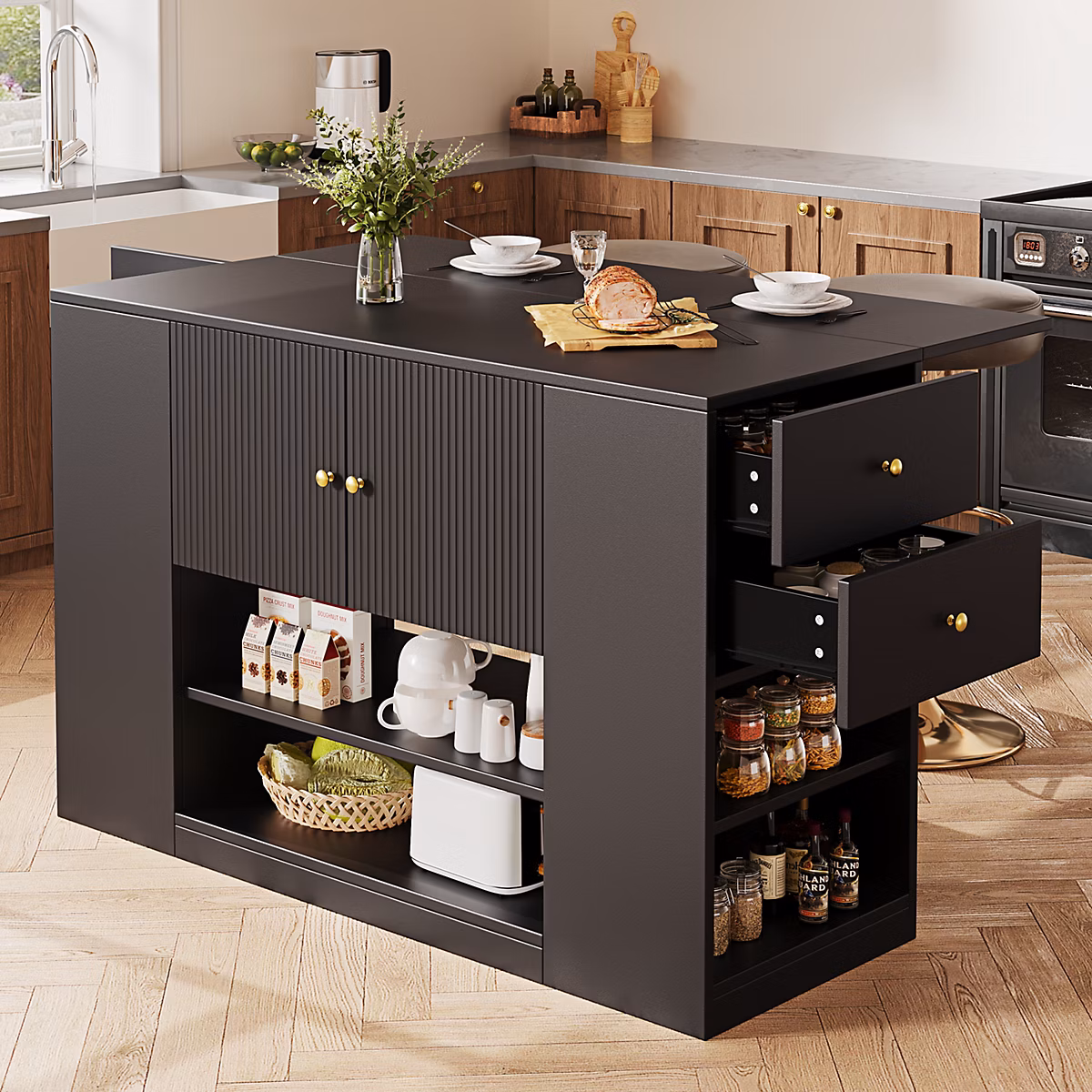 Îlot de Cuisine – Chariot de Cuisine avec Tiroirs et Étagères Ouvertes, Meuble de Rangement Indépendant, MDF Noir 140 × 70 × 90 cm