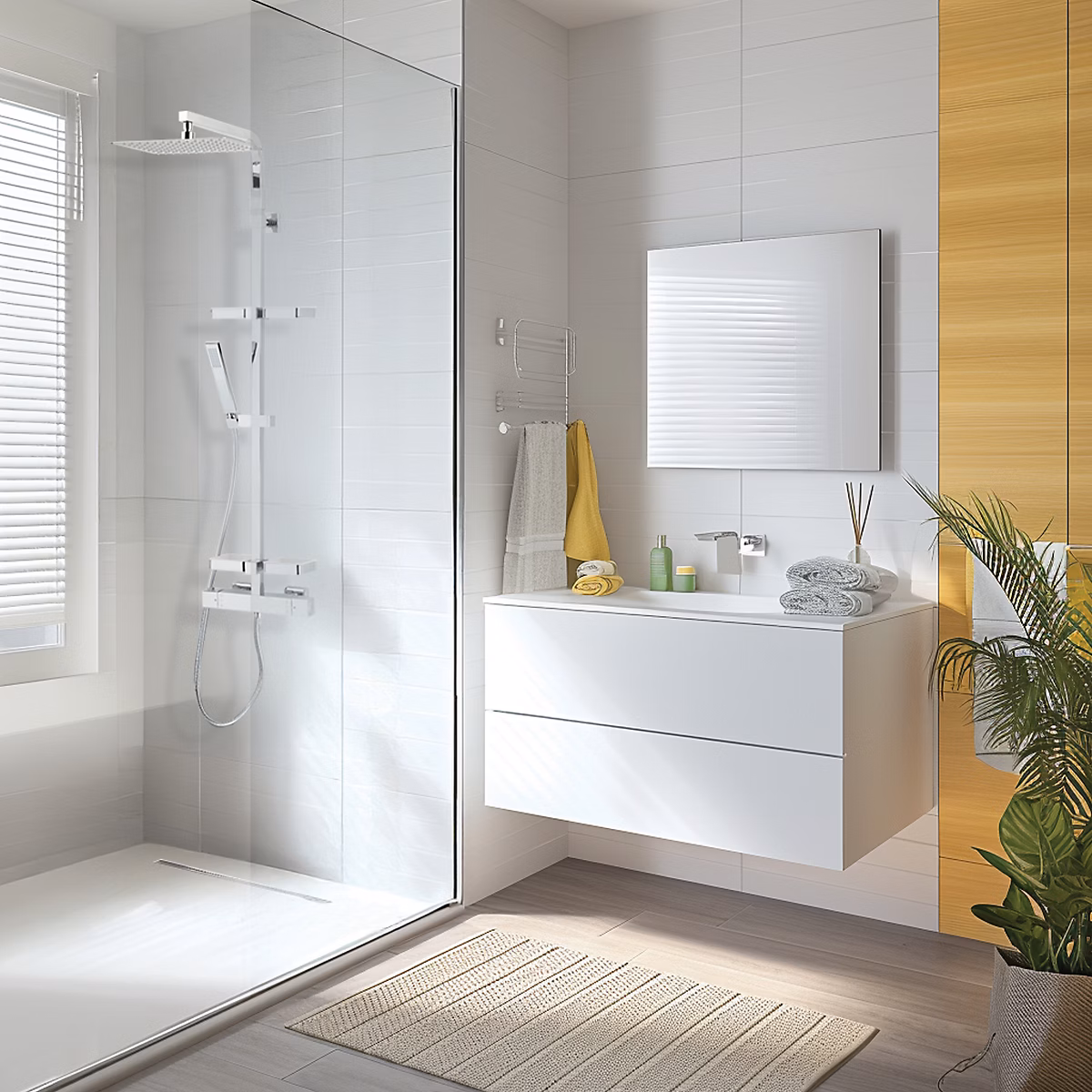 Colonne de douche thermostatique avec tablette – pomme de tête, douchette et flexible, chrome, Valentin Touareg