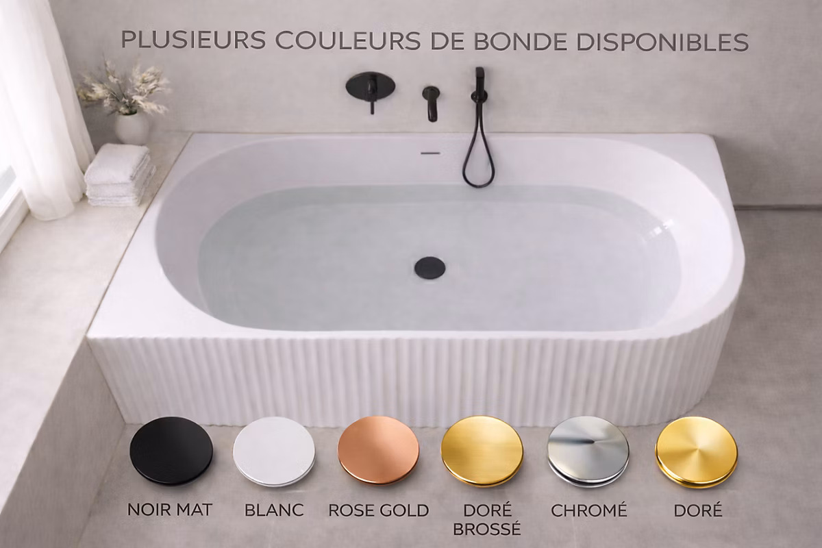 Baignoire d'angle gauche – 150 × 75 cm | Blanc brillant rainure avec bonde noire | PERLE