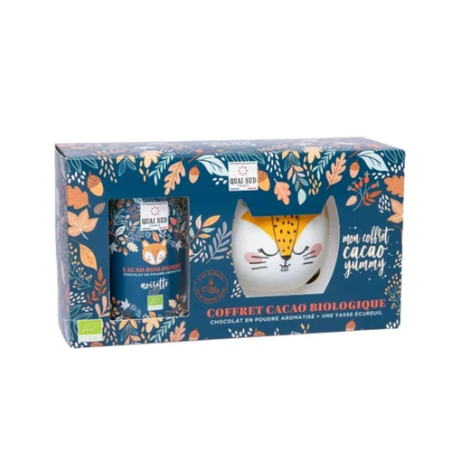 Pour mieux profiter du jardin:Coffret pour chocolat chaud à la noisette avec cacao et mug écureuil Quai sud - 250 g