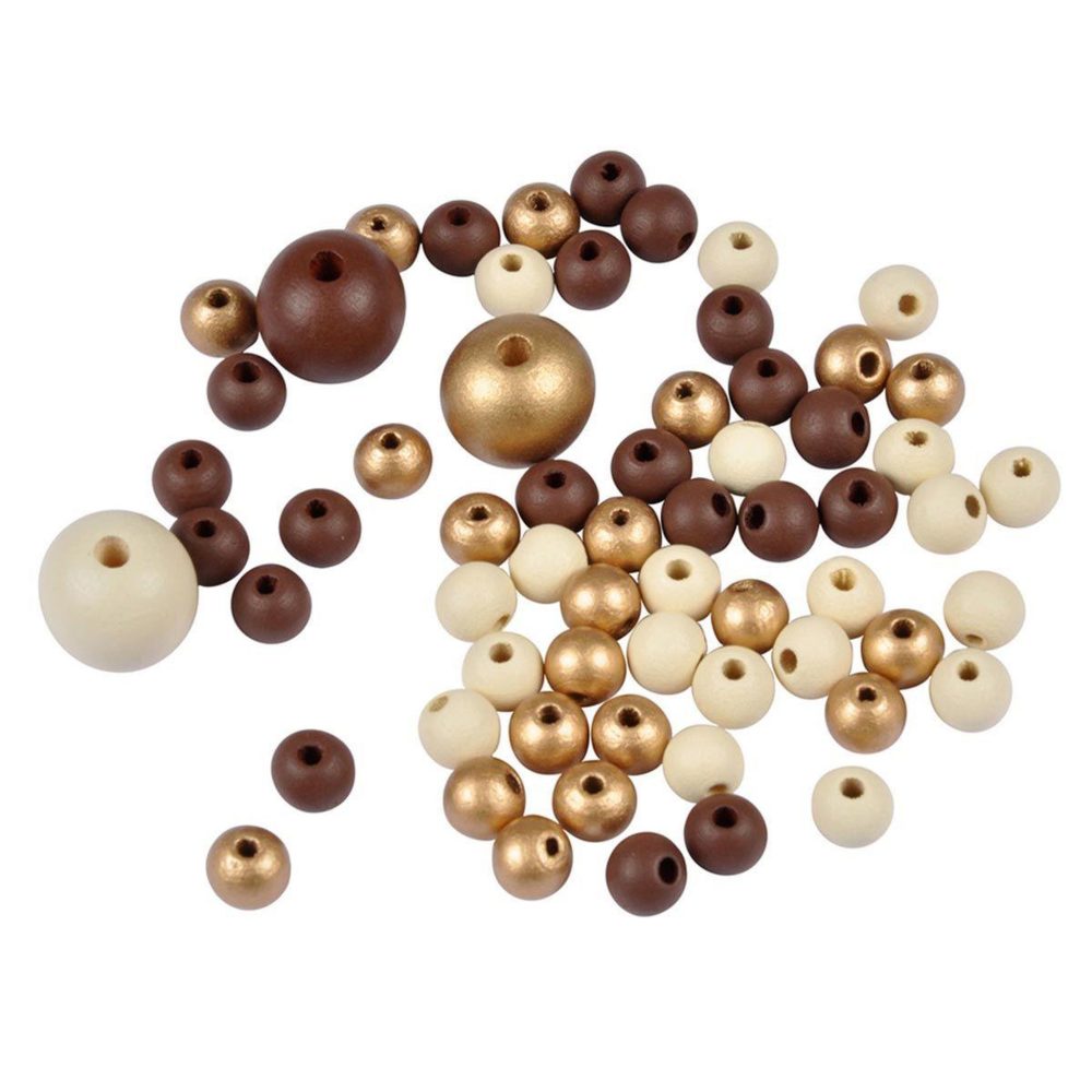 HOMEA Lot de 63 Perles Rondes Bois 1 2cm Beige & Or