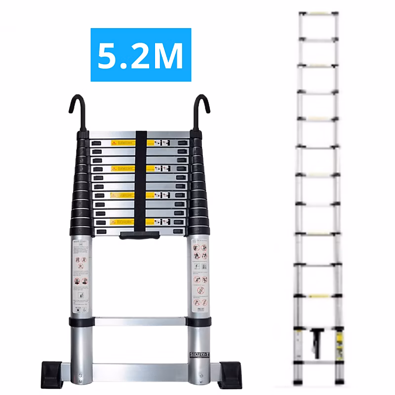 Echelle télescopique aluminium 13 marches H 5 – 2M avec crochets démontables et barre stabilisatrice