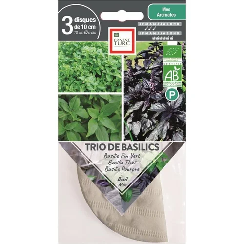 Nature extérieur:Graines présemées de trio de Basilics bio Ernest Turc - 3 ronds de 10 cm