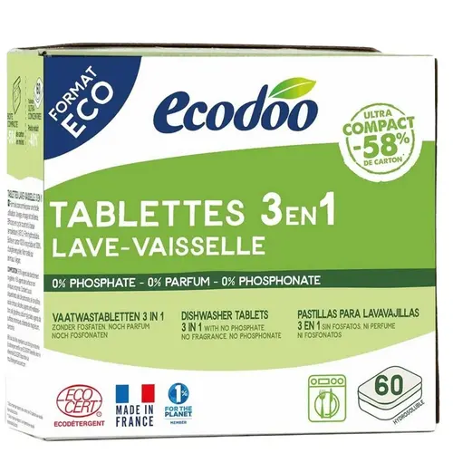 Pour profiter pleinement de l’extérieur:Boîte de 60 tablettes lave-vaisselle 3 en 1 Ecodoo - les 60 pièces