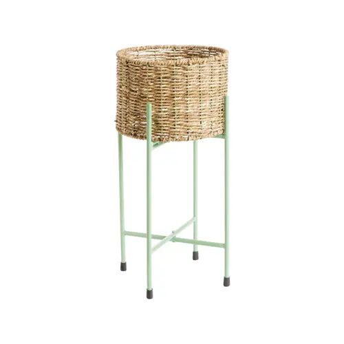 Idéal pour l’extérieur：Porte-plante rond en osier avec socle pliant en métal vert petit modèle - Ø 26 x H 50 cm