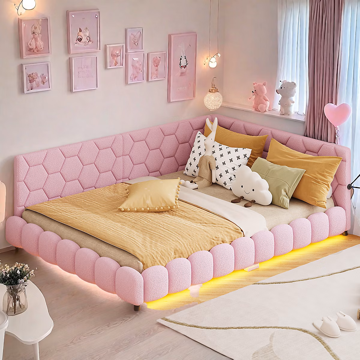 Canapé – lit 140 × 200cm, lumière ambiante 16 couleurs, port USB, rose