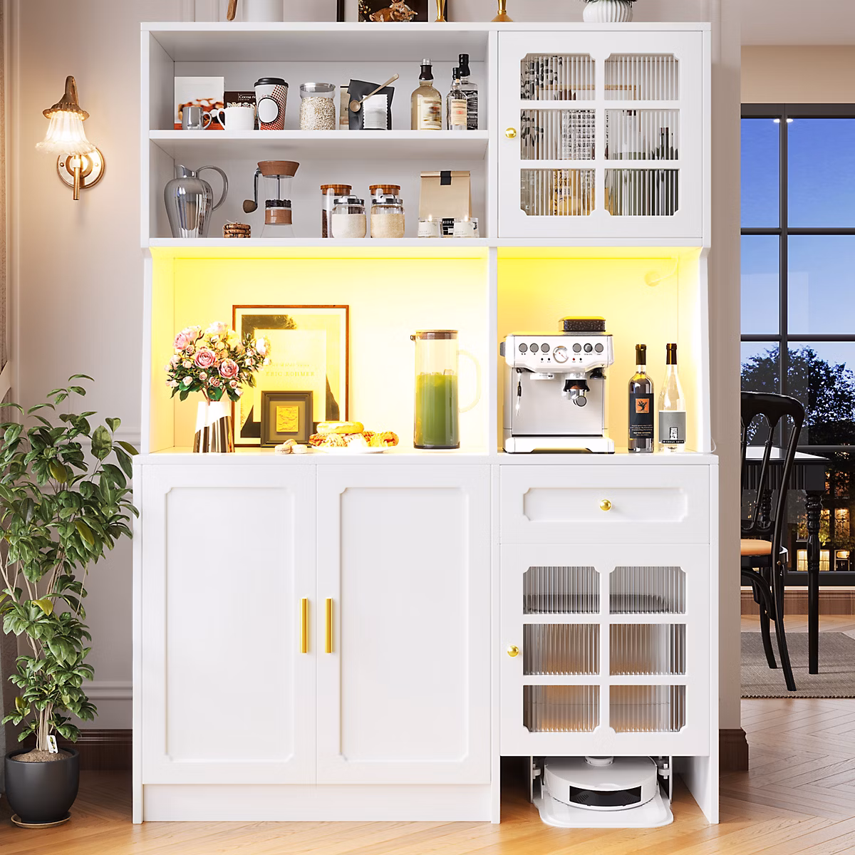 Meuble – Buffet de cuisine 130 cm en blanc avec portes vitrées et éclairage LED