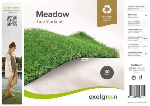 Bien pour le jardin：Rouleau de gazon synthétique Meadow 40 mm recyclable coloris vert Exelgreen - 1 x 3 m