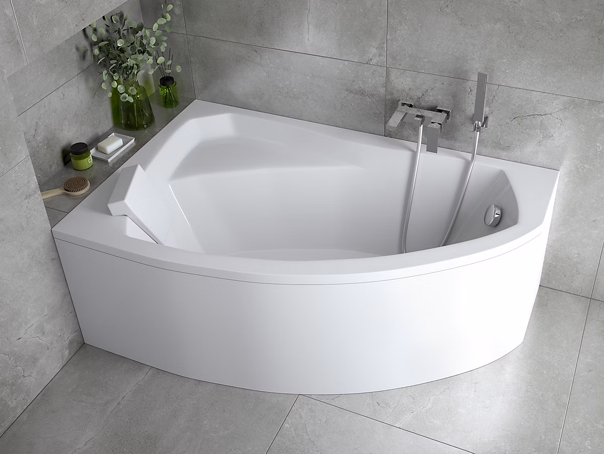 Baignoire asymétrique 160 x 100 Gauche RIMA acrylique blanc + avec Tablier + Pieds + Vidage à chromé | Baignoire