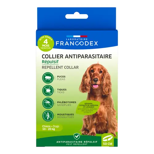 Pour faciliter la vie dehors：Collier insectifuge pour chien de 10 à 20 kg coloris blanc Francodex - Ø 60 cm