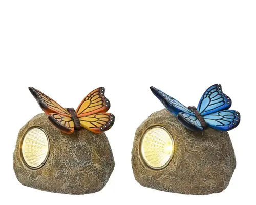 Qualité au jardin：Pierre décorative avec papillon LED coloris blanc chaud - 7 x 9,5 x 9 cm