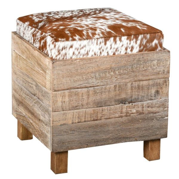 Coffre pouf carré en bois recyclé et peau de vache