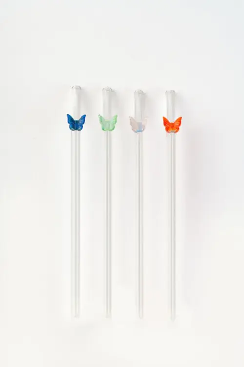 Nature extérieur:Coffret de 4 pailles en verre transparent avec papillon - Ø 0,8 x H 17 cm