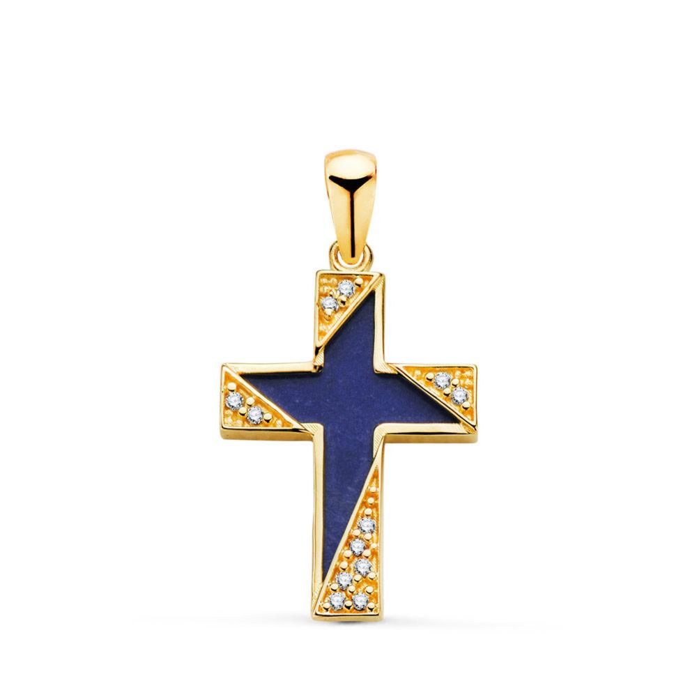 L'ATELIER D'AZUR Pendentif - Médaille Croix Or 18 Carats 750 Jaune - Lapis Lazuli et Zirconiums - Chaine Offerte