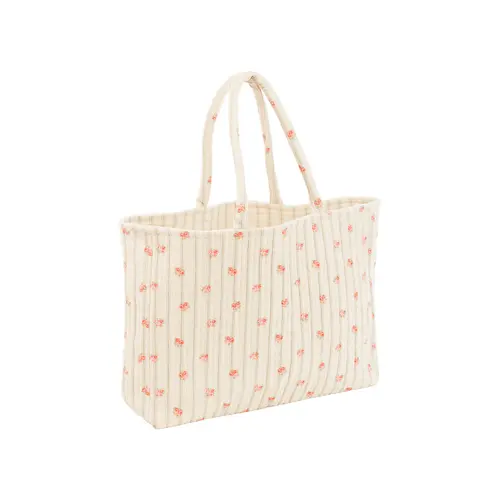 Maison et extérieur:Sac cabas matelassé en coton écru à motifs floraux - 45 x 35 x 12 cm